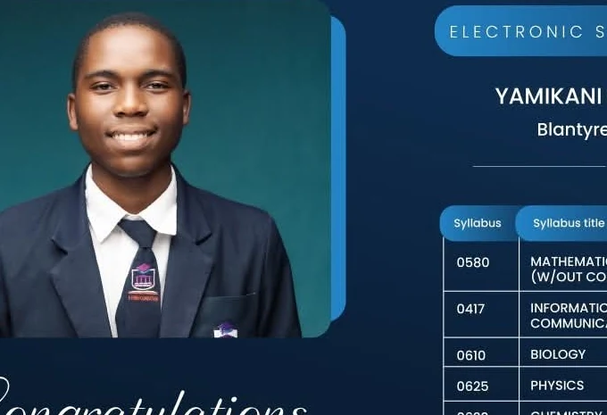 Yamikani George Katundu, Blantyre Baptist Academy Cambridge IGCSE achiever 2026